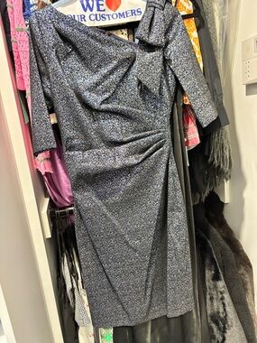 Teri Jon Blue Patterned One-Shoulder Ruched Midi Dress